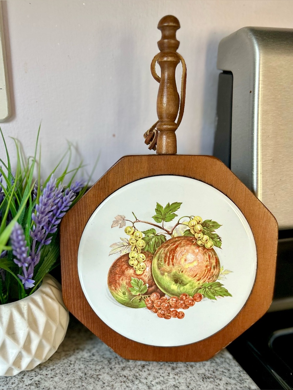 Vintage Wooden Fruit and Veggie Trivet with Design of Apples + Grapes